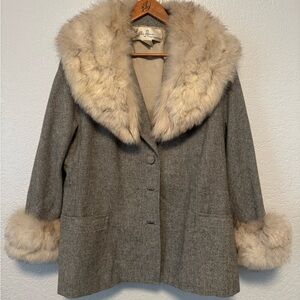 Vintage Lilli Ann SF 2 Piece Set Chic Gray Blazer with Faux Fur Trim&Midi Skirt